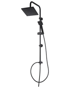 Mat sort brusesystem med firkantet hovedbruser, justerbar håndbruser og fleksibel slange. Moderne design, vægmonteret, ideel til nutidige badeværelser.