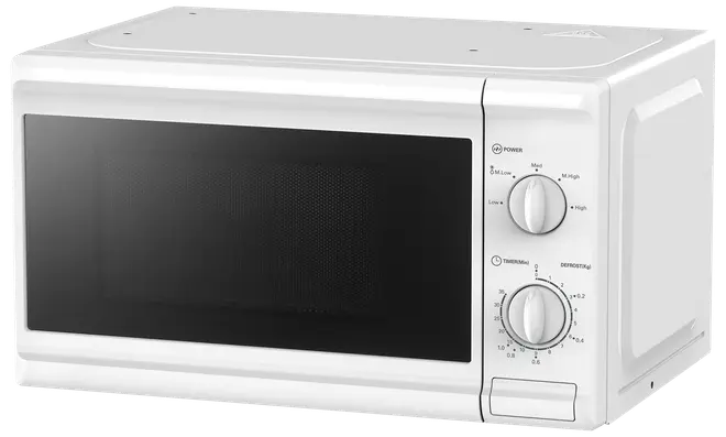 Vit mikrovågsugn med tonat svart fönster, två vred för effekt och timer samt sidöppnad dörr. Kompakt design, passar bra på köksbänken.