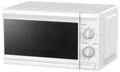 Vit mikrovågsugn med tonat svart fönster, två vred för effekt och timer samt sidöppnad dörr. Kompakt design, passar bra på köksbänken.