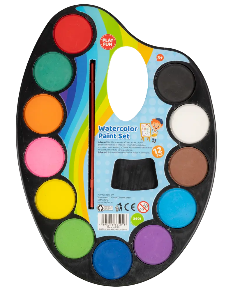 Oval akvarelsæt med 12 klare farver og pensel. Farverne inkluderer rød, grøn, orange, pink, gul, blå, lilla, brun, sort og hvid. Til børn fra 3 år.