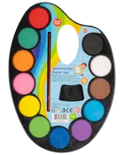 Oval akvarelsæt med 12 klare farver og pensel. Farverne inkluderer rød, grøn, orange, pink, gul, blå, lilla, brun, sort og hvid. Til børn fra 3 år.