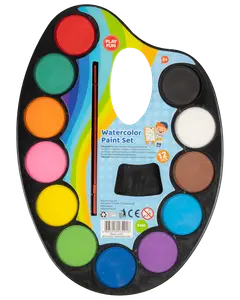 Oval akvarelsæt med 12 klare farver og pensel. Farverne inkluderer rød, grøn, orange, pink, gul, blå, lilla, brun, sort og hvid. Til børn fra 3 år.