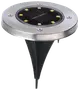 Rund solcellsdriven markbelysning i rostfritt stål med sex LED-lampor, svart plastspett för enkel installation i marken, passar för trädgårds- eller gångbelysning.