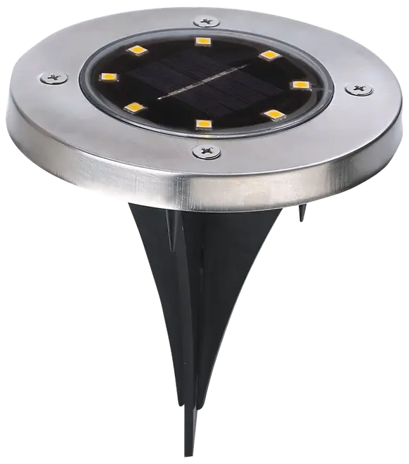 Rund solcellsdriven markbelysning i rostfritt stål med sex LED-lampor, svart plastspett för enkel installation i marken, passar för trädgårds- eller gångbelysning.