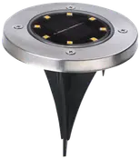 Rund solcellsdriven markbelysning i rostfritt stål med sex LED-lampor, svart plastspett för enkel installation i marken, passar för trädgårds- eller gångbelysning.