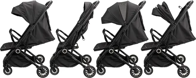 Sort letvægtsklapvogn med justerbart ryglæn, udtrækkelig kaleche og opbevaringskurv. Vises i fire forskellige liggepositioner for alsidighed og komfort til børn.