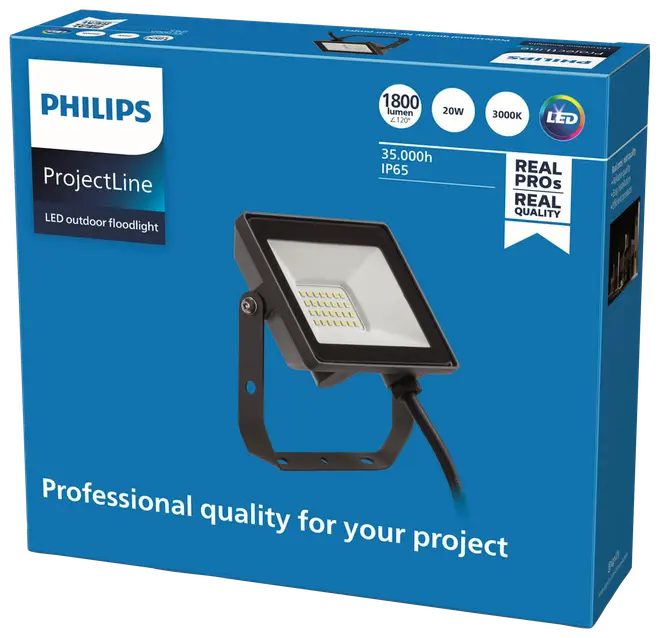 Philips ProjectLine LED udendørs projektør, 1800 lumen, 20W, 3000K, IP65, 35.000 timers levetid. Sort rektangulær lampe med justerbart beslag, velegnet til professionelle udendørsprojekter.