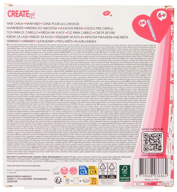 Sæt med 5 hårkridt i pink, lilla, turkis, gul og rød. Velegnet til børn fra 6 år. Vegansk, glutenfri og nem at påføre til midlertidig hårfarve.