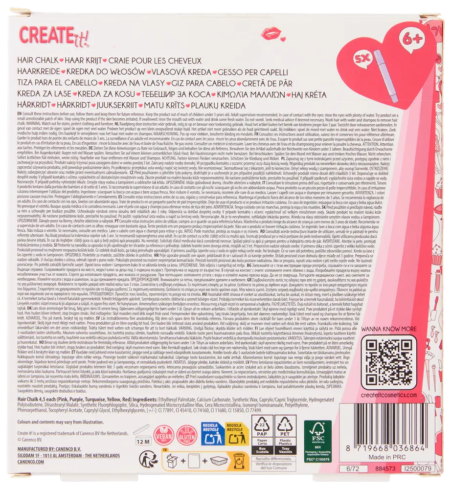 Sæt med 5 hårkridt i pink, lilla, turkis, gul og rød. Velegnet til børn fra 6 år. Vegansk, glutenfri og nem at påføre til midlertidig hårfarve.