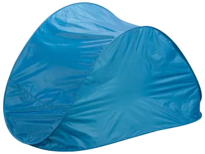 Blått pop-up-tält av lätt, vattentätt material. Kupolformat utan synliga fönster eller dörrar, passar för camping eller som strandskydd.