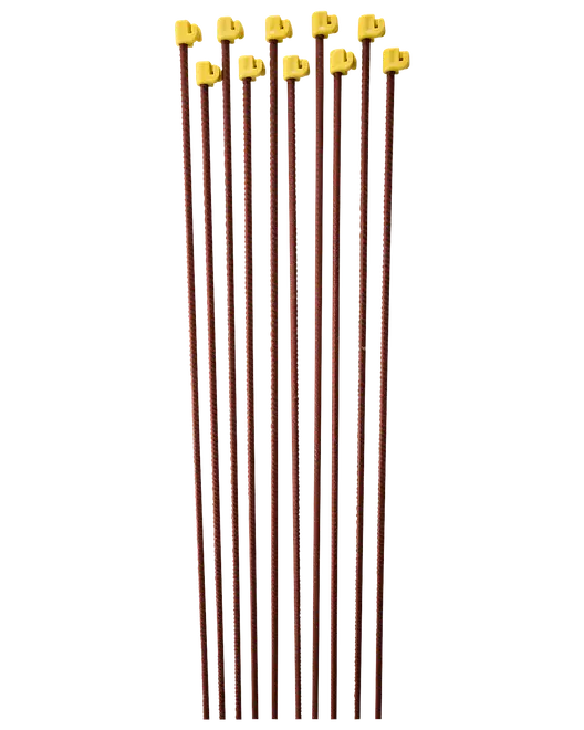 Förpackning med tio bruna markeringspinnar i glasfiber med reflexband och gula säkerhetslock, avsedda för att markera uppfarter eller gångvägar, synliga i mörker eller snö.