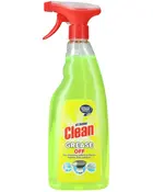 Grøn sprayflaske med rød spraydyse, mærket “at home Clean Grease Off” til rengøring af snavsede overflader inde og ude.