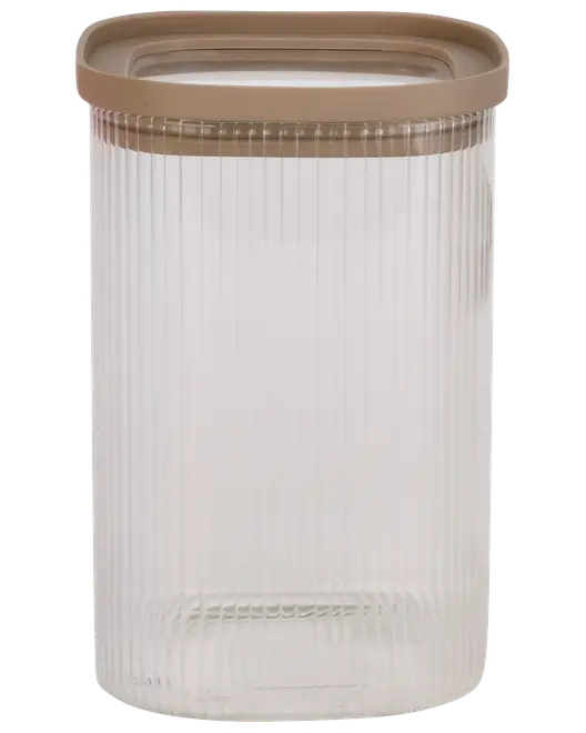 Klar rillet glasopbevaringskrukke med rund form og beige lufttæt plastiklåg. Perfekt til opbevaring af tørvarer i køkkenet, holder indholdet frisk og synligt.