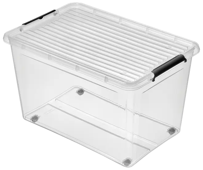 Genomskinlig plastförvaringslåda med räfflat lock och svarta handtag på sidorna. Stapelbar och hållbar, perfekt för förvaring och organisering av olika saker.