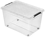 Gennemsigtig plastopbevaringsboks med rillet låg og sorte håndtag på siderne. Holdbar og stabelbar, ideel til opbevaring og organisering af forskellige genstande.