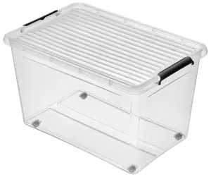 Genomskinlig plastförvaringslåda med räfflat lock och svarta handtag på sidorna. Stapelbar och hållbar, perfekt för förvaring och organisering av olika saker.