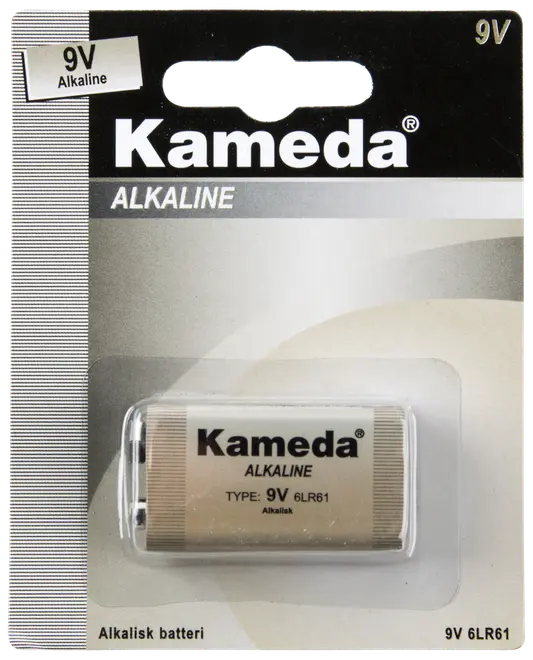 Kameda 9V alkaliskt batteri, typ 6LR61, i blisterförpackning. Passar till elektroniska enheter som kräver 9V. En batteri ingår, märkt i svart och silver.
