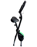 Sammenklappelig motionscykel med polstret sæde, opretstående styr og kompakt design. Justerbar modstand og robust stel, ideel til hjemmetræning og nem opbevaring.