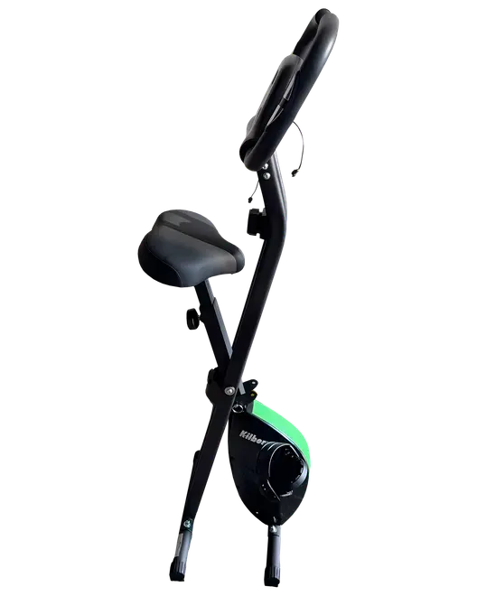 Hopfällbar träningscykel med vadderad sits, upprätt styre och kompakt design. Justerbart motstånd och stabil ram, perfekt för hemmaträning och enkel förvaring.