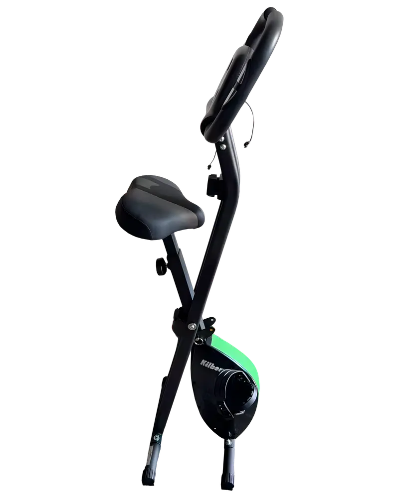 Sammenklappelig motionscykel med polstret sæde, opretstående styr og kompakt design. Justerbar modstand og robust stel, ideel til hjemmetræning og nem opbevaring.