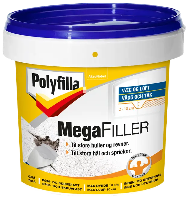 Polyfilla MegaFiller, ekstra stærk vægfylder til store huller og revner, egnet til indendørs og udendørs brug, grå farve, 2-10 cm dybde, søm- og skruefast.
