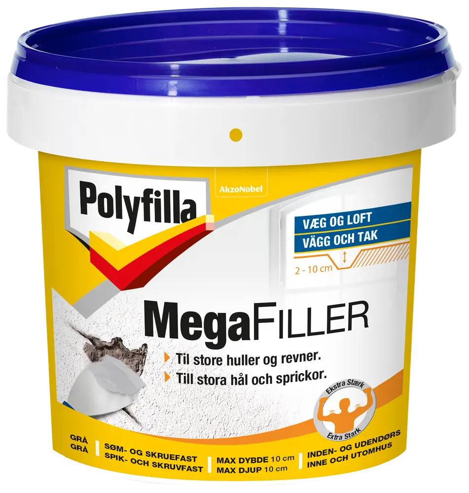 Polyfilla MegaFiller, ekstra stærk vægfylder til store huller og revner, egnet til indendørs og udendørs brug, grå farve, 2-10 cm dybde, søm- og skruefast.