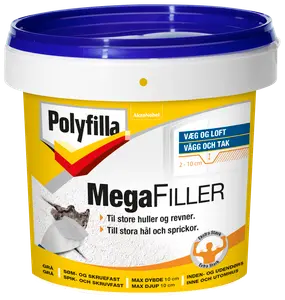 Polyfilla MegaFiller, ekstra stærk vægfylder til store huller og revner, egnet til indendørs og udendørs brug, grå farve, 2-10 cm dybde, søm- og skruefast.