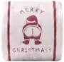 Hvidt foldet tæppe med bordeaux kanter og grafisk Santa-bagside, trykt med teksten 'Merry Christmass'.