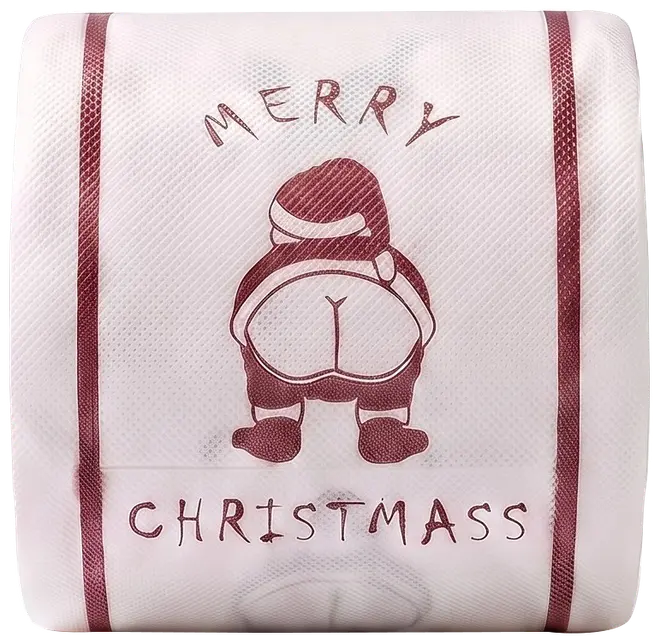 Hvidt foldet tæppe med bordeaux kanter og grafisk Santa-bagside, trykt med teksten 'Merry Christmass'.
