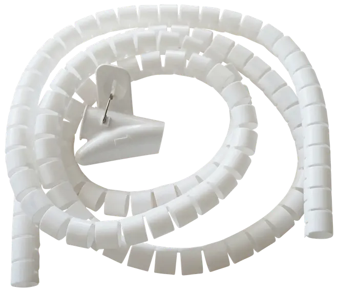 Vit spiralformad kabelhanteringsslang med medföljande klämverktyg, för att organisera och samla flera kablar. Flexibel plast, passar hem eller kontor.