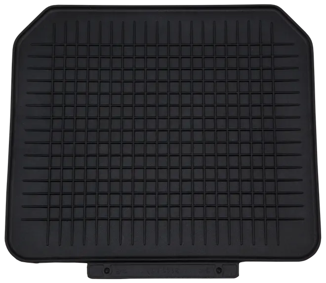 Sort gummibilmåtte med hævet gittermønster for bedre greb og opsamling. Rektangulær form med let skrå hjørner, beskytter bilens gulv mod snavs, fugt og slid.