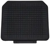 Sort gummibilmåtte med hævet gittermønster for bedre greb og opsamling. Rektangulær form med let skrå hjørner, beskytter bilens gulv mod snavs, fugt og slid.