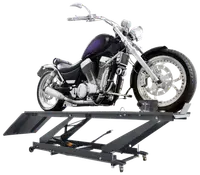 Kraftig motorcykelløftebord med hydraulisk saksemekanisme, stålkonstruktion, rampe og hjulklemme. Ideel til vedligeholdelse og reparation af store motorcykler, giver sikker støtte.