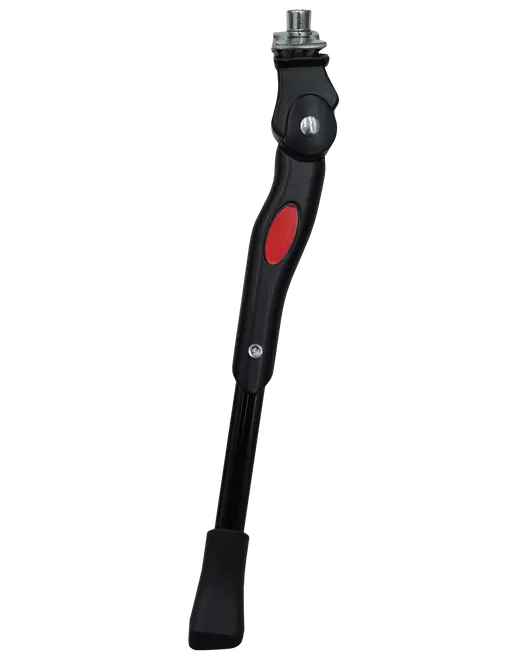 Justerbart sort cykelstøtteben med rød detalje, metalbeslag og bred gummifod for stabilitet. Passer til forskellige cykelstørrelser og er nem at montere på stellet.