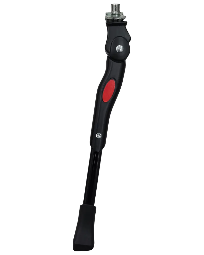 Justerbart sort cykelstøtteben med rød detalje, metalbeslag og bred gummifod for stabilitet. Passer til forskellige cykelstørrelser og er nem at montere på stellet.