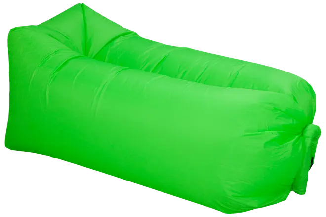 Lys grøn oppustelig loungestol, rektangulær form med afrundede kanter, lavet af slidstærkt nylon. Bærbar og let, ideel til udendørs brug som camping, strand eller have.