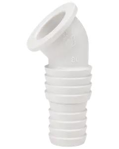 Hvid plastik slangestuds med 90-graders bøjning og riflede ender for sikker fastgørelse. Velegnet til VVS eller akvariebrug. Let, holdbar og korrosionsbestandig.