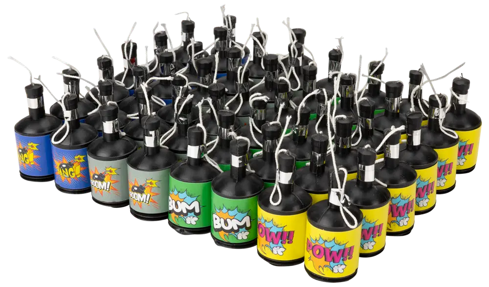 Färgglada partybomber med serietidningsetiketter, varje med snöre för aktivering. Perfekt för fest, sprider konfetti vid användning. Blandade designer och färger ingår.