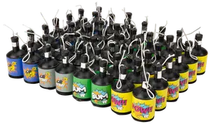 Färgglada partybomber med serietidningsetiketter, varje med snöre för aktivering. Perfekt för fest, sprider konfetti vid användning. Blandade designer och färger ingår.