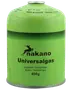 Grøn Nakano universalgasflaske, 450g, til campingkomfurer, indeholder butan/isobutan, metalbeholder med skruelåg, egnet til udendørs madlavning og bærbare gasapparater.