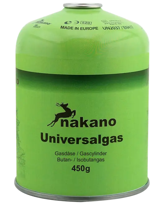 Grøn Nakano universalgasflaske, 450g, til campingkomfurer, indeholder butan/isobutan, metalbeholder med skruelåg, egnet til udendørs madlavning og bærbare gasapparater.