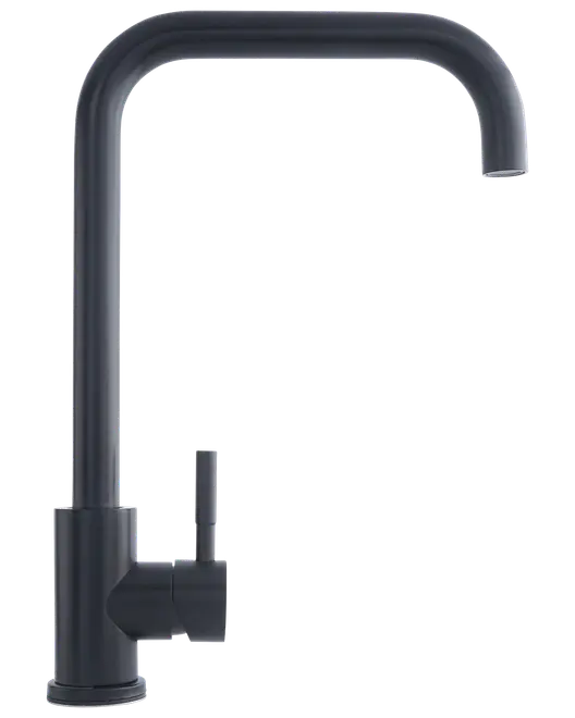 Mat sort køkkenarmatur med høj, firkantet tud og enkelt greb. Moderne, minimalistisk design, der passer til nutidige køkkener. Holdbar overflade modstår fingeraftryk og vandpletter.