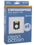 Pakke med 4 støvsugerposer og 1 filter, kompatibel med Philips, Electrolux og AEG modeller. Clean Action mærke, model NR.1915, vist i blå emballage.