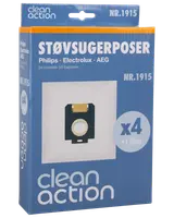 Pakke med 4 støvsugerposer og 1 filter, kompatibel med Philips, Electrolux og AEG modeller. Clean Action mærke, model NR.1915, vist i blå emballage.