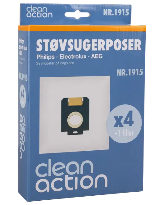 Pakke med 4 støvsugerposer og 1 filter, kompatibel med Philips, Electrolux og AEG modeller. Clean Action mærke, model NR.1915, vist i blå emballage.