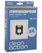 Pakke med 4 støvsugerposer og 1 filter, kompatibel med Philips, Electrolux og AEG modeller. Clean Action mærke, model NR.1915, vist i blå emballage.
