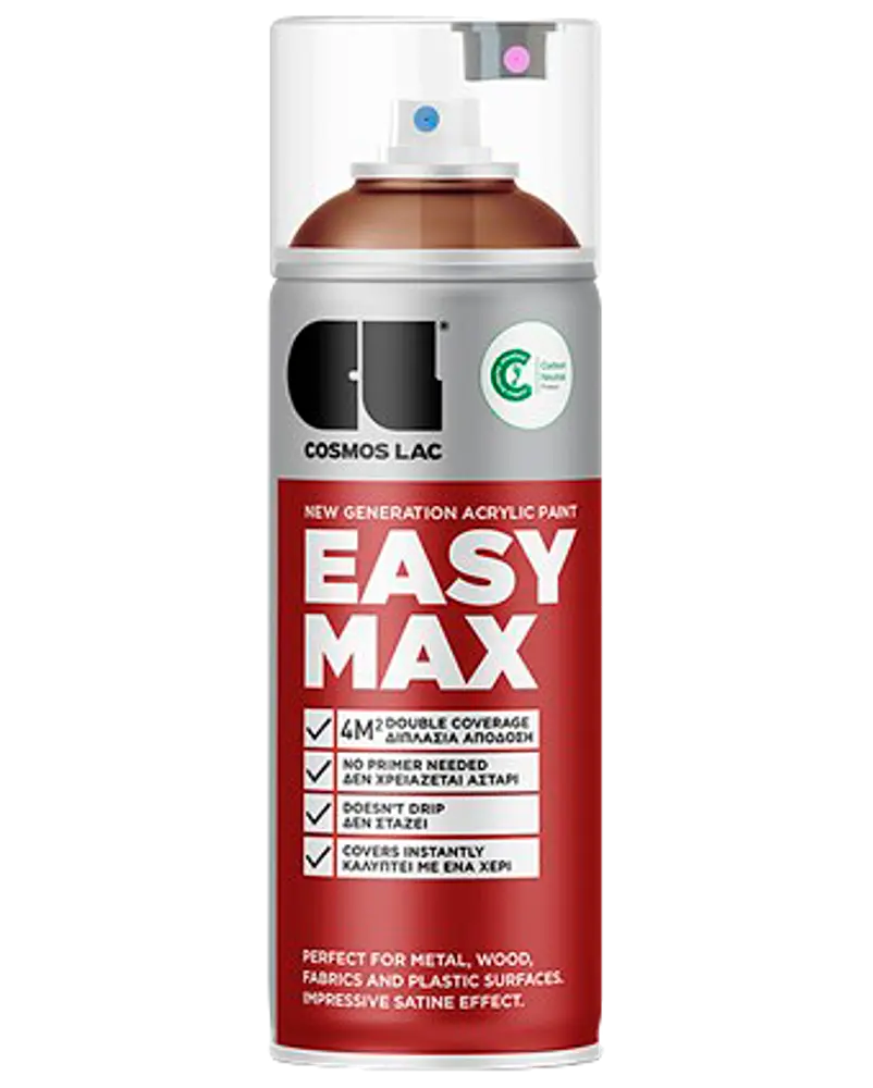 Cosmos Lac Easy Max akryl spraymaling med satin finish, egnet til metal, træ, stof og plast. Dobbelt dækning, øjeblikkelige resultater, ingen primer nødvendig.