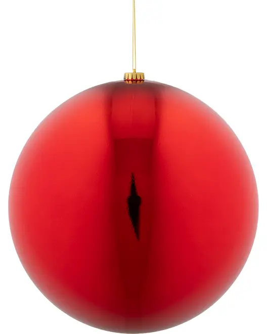 Blank rød julekugle med glat, reflekterende overflade, guldfarvet top og ophængssnor. Klassisk rund form, perfekt til juleudsmykning.