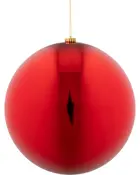 Blank rød julekugle med glat, reflekterende overflade, guldfarvet top og ophængssnor. Klassisk rund form, perfekt til juleudsmykning.