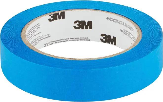 Blå malertape fra 3M, mellem bredde, glat overflade og klæbende bagside, velegnet til afdækning og malerarbejde. Indvendig kerne med 3M-logo.
